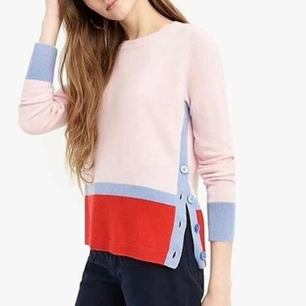 J. Crew Long-Sleeve Everyday Cashmere Sweater Side Buttons Pink Sky Cerise Sz M
